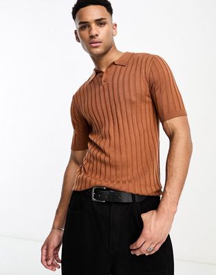 ASOS DESIGN muscle lightweight knitted rib polo in brown