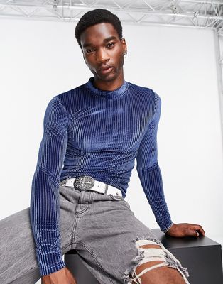 ASOS DESIGN muscle long sleeve t-shirt in black and blue velour with turtle neck