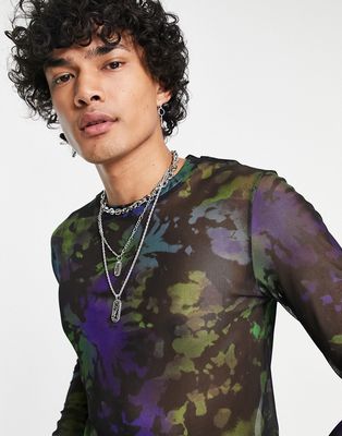 ASOS DESIGN muscle long sleeve t-shirt in black and green printed mesh - BLACK