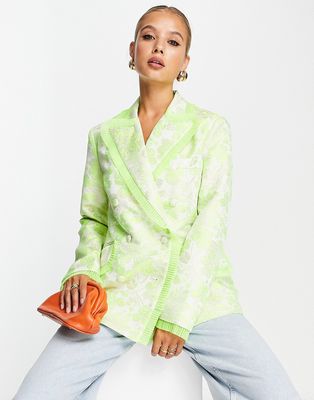 ASOS DESIGN nipped waist jacquard blazer with ruffle detail in lime-Green