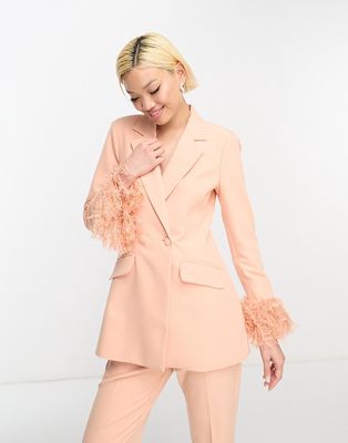 ASOS DESIGN nipped waist tuxedo suit blazer with fringe cuff in apricot-No color