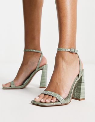 ASOS DESIGN Nora barely there block heeled sandals in sage green croc