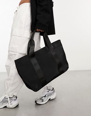 ASOS DESIGN nylon tote bag with webbing strap detail in black