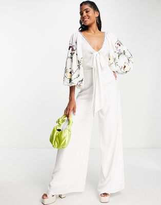 ASOS DESIGN occasion big sleeve tie front wide leg jumpsuit with embroidery-White