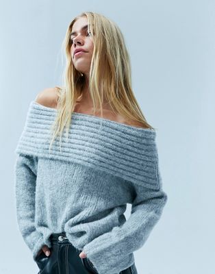 ASOS DESIGN off shoulder slouchy sweater in wool blend in gray