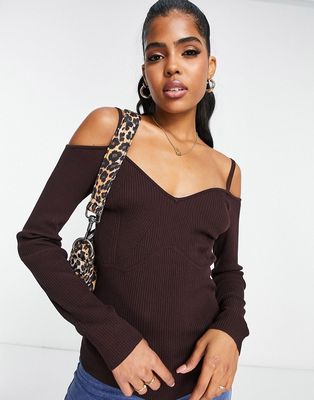 ASOS DESIGN off shoulder sweater with corset detail in brown