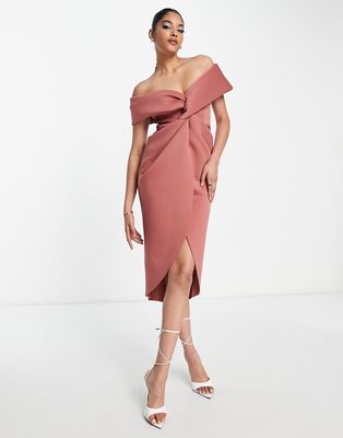 ASOS DESIGN off shoulder twist front midi dress in rose-Pink