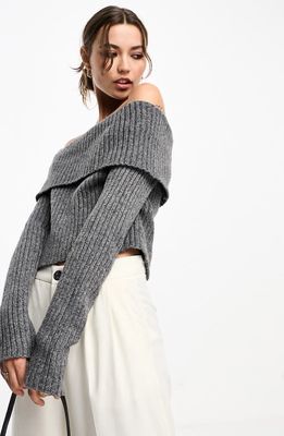 ASOS DESIGN Off the Shoulder Crop Sweater in Charcoal