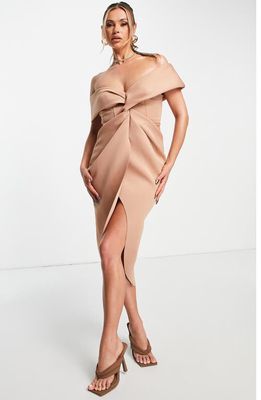 ASOS DESIGN Off the Shoulder Faux Wrap Cocktail Dress in Tan
