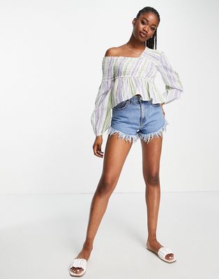 ASOS DESIGN off the shoulder top with shirring & volume sleeve in pastel stripe-Multi
