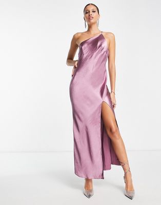 ASOS DESIGN one shoulder midaxi dress in satin with drape back in dusty orchid-Purple