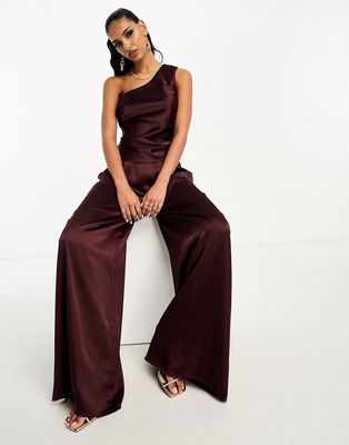 ASOS DESIGN one shoulder satin top in chocolate - part of a set-Brown