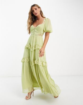 ASOS DESIGN open back lace insert textured maxi tea dress in lime-Green