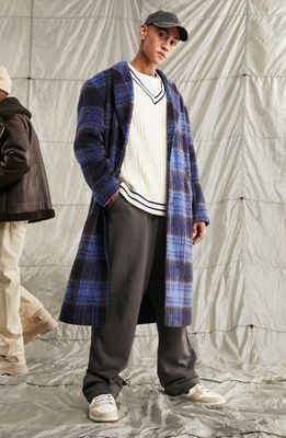 ASOS DESIGN Oversize Brushed Plaid Overcoat in Mid Blue