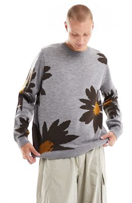 ASOS DESIGN Oversize Floral Jacquard Sweater in Grey