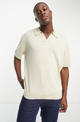 ASOS DESIGN Oversize Notch Neck Polo Shirt in Beige