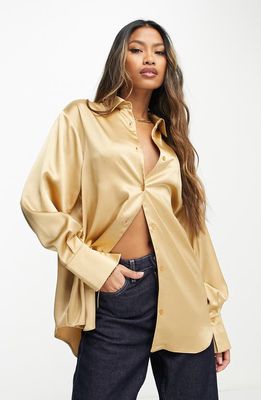ASOS DESIGN Oversize Satin Button-Up Shirt in Gold