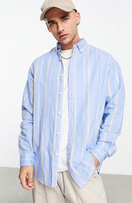 ASOS DESIGN Oversize Stripe Linen & Cotton Button-Down Shirt in Mid Blue