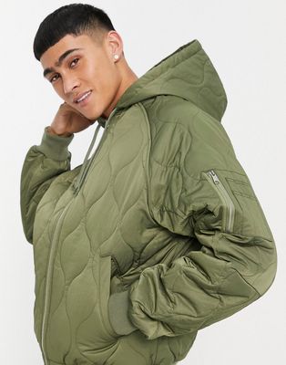 ASOS DESIGN oversized bomber jacket with hood in green