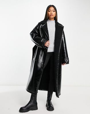 ASOS DESIGN oversized borg bonded and vinyl trench coat in black