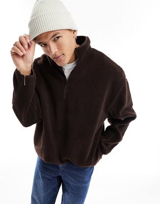 ASOS DESIGN oversized borg half zip sweatshirt in brown