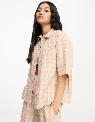 ASOS DESIGN oversized boxy shirt in pink and green check - part of a set-Multi