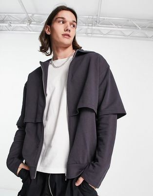 ASOS DESIGN oversized double layer zip up hoodie in washed black