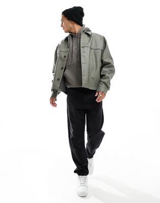 ASOS DESIGN oversized faux leather harrington jacket in khaki-Green