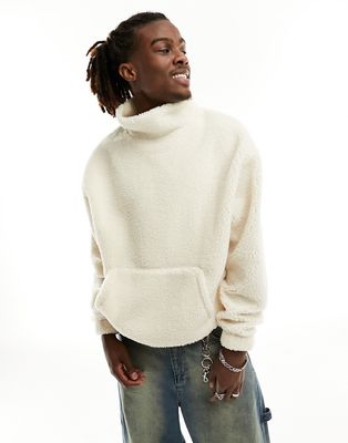 ASOS DESIGN oversized funnel neck sweatshirt in ecru borg with front pocket detail-White