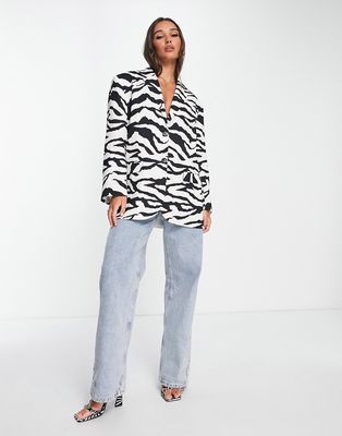 ASOS DESIGN oversized grandad blazer in zebra print-Multi