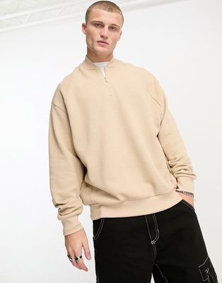 ASOS DESIGN oversized half zip baseball sweatshirt in beige pique-Neutral