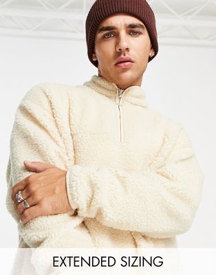 ASOS DESIGN oversized half zip sweatshirt in beige borg-Neutral