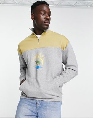 ASOS DESIGN oversized half zip sweatshirt in gray heather & green color block with print-Multi