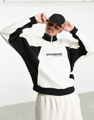 ASOS DESIGN oversized half zip sweatshirt with color block in beige & black-Neutral
