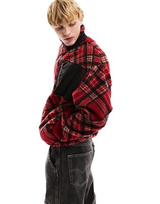 ASOS DESIGN oversized half zip sweatshirt with red tartan all over plaid in borg