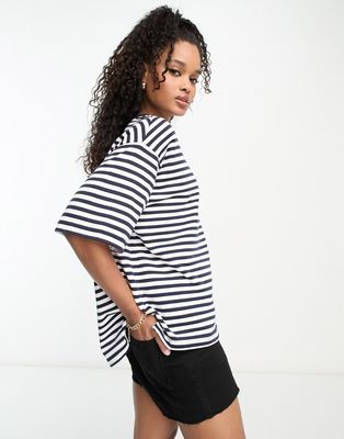 ASOS DESIGN oversized heavyweight t-shirt with side splits in navy and white stripe-Multi