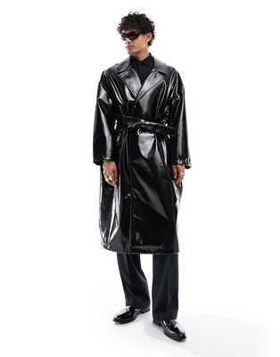 ASOS DESIGN oversized high shine faux leather trench coat-Black