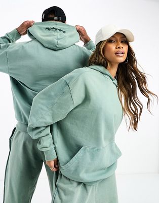 ASOS DESIGN oversized hoodie in washed teal with distressed seam details and embroidery - part of a set-Green
