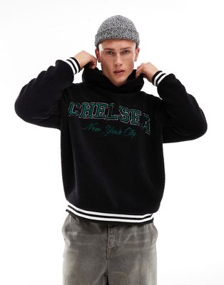 ASOS DESIGN oversized hoodie with city print in black borg