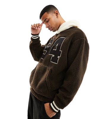ASOS DESIGN oversized hoodie with front embroidery in brown borg