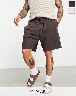 ASOS DESIGN oversized jersey mid length shorts in brown/soft white 2 pack-Multi