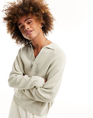 ASOS DESIGN oversized knit fisherman ribbed notch neck sweater in stone-Neutral