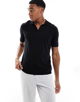ASOS DESIGN oversized knitted cotton notch neck polo in black