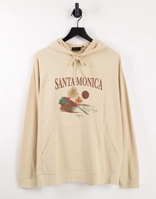 ASOS DESIGN oversized lightweight hoodie in beige with Santa Monica beach print-Neutral