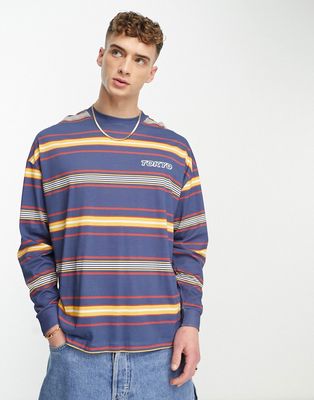 ASOS DESIGN oversized long sleeve t-shirt in navy and yellow stripe with chest print-Multi