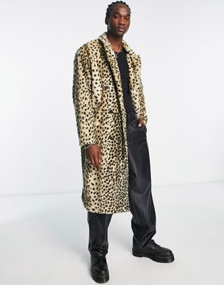 ASOS DESIGN oversized longline leopard print faux fur coat-Brown