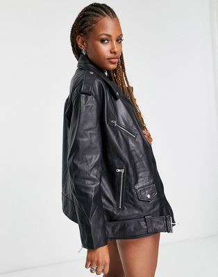 ASOS DESIGN oversized premium real leather moto jacket in black
