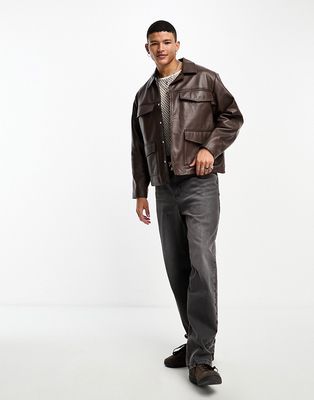 ASOS DESIGN oversized real leather shacket in brown
