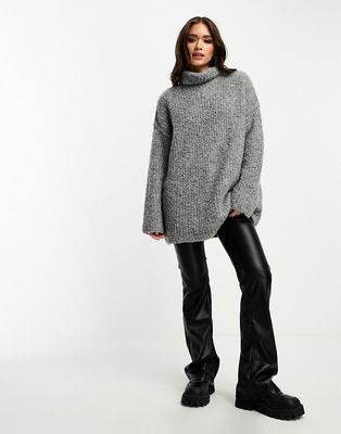ASOS DESIGN oversized roll neck sweater in boucle yarn in charcoal-Gray