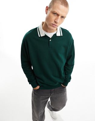ASOS DESIGN oversized rugby polo sweatshirt with tipping in dark green